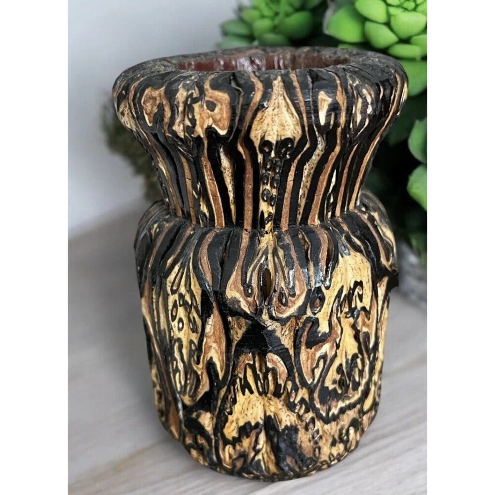 HANDCRAFTED CARVED WOOD VASE New Zealand PONGA Mamaku 5.5” FAST SHIPPING 1450-55